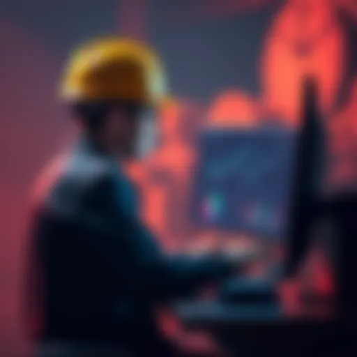 A person in a hard hat using a computer, learning about mining techniques with charts and graphs on the screen.