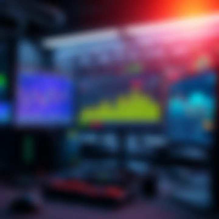 A computer setup with mining equipment and charts showing fluctuating mining rates.