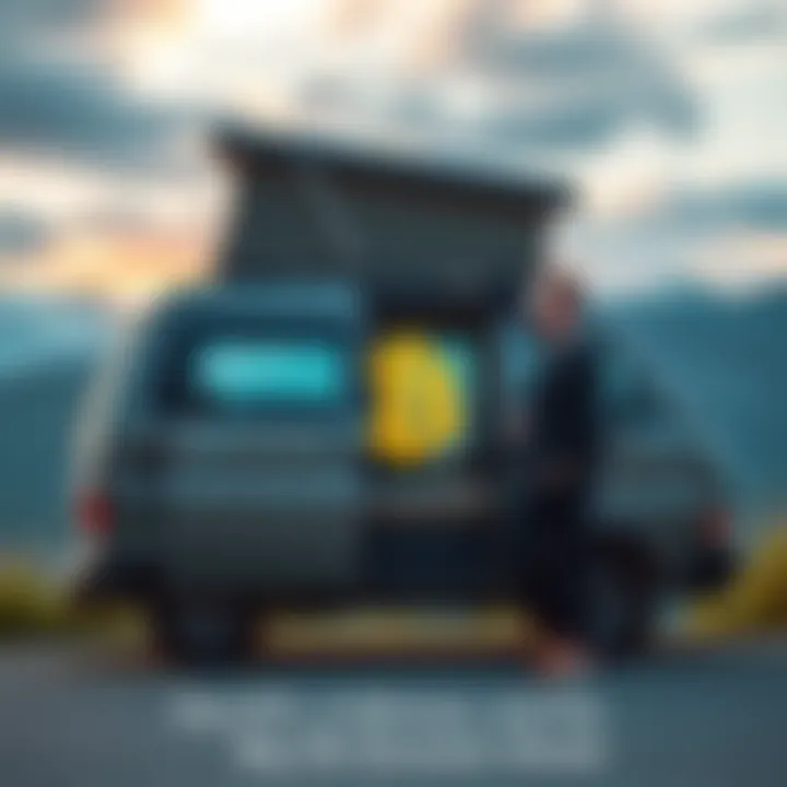 A person standing next to a minivan with a Bitcoin logo, contemplating a life change, surrounded by a scenic view.