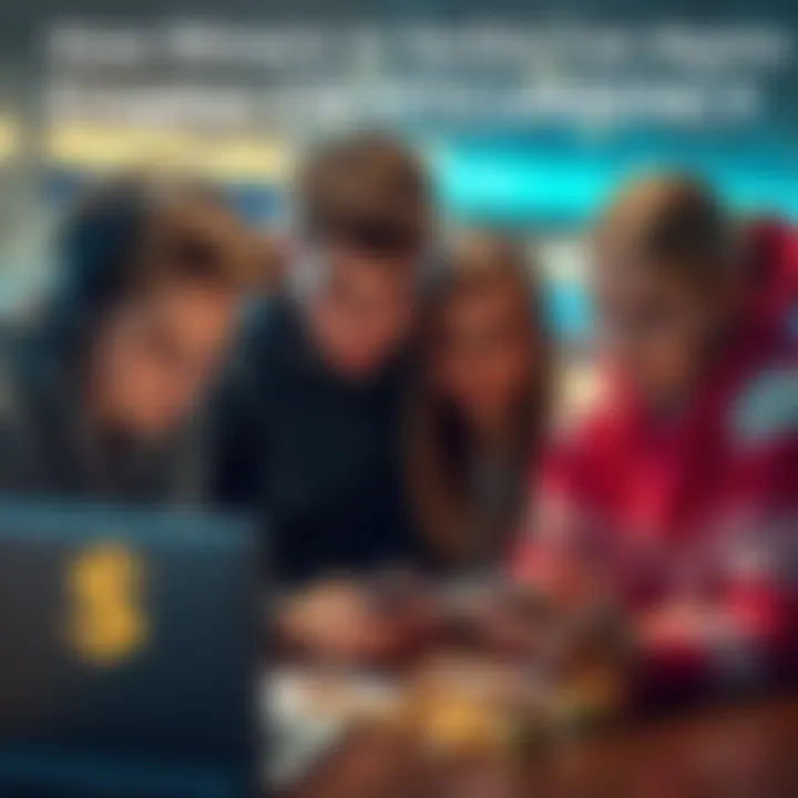 A group of young individuals discussing cryptocurrency with a laptop and smartphone, representing minors learning about digital currency in Serbia.