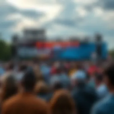 Modern Day Cult Gathering A diverse group of people at a gathering, listening to a leader on stage in an outdoor setting.