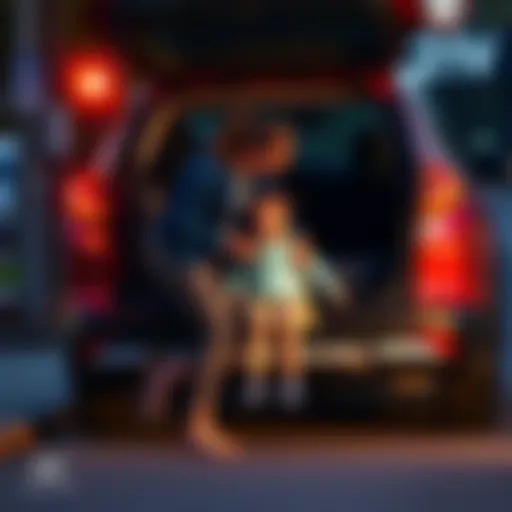 Mom drops off daughter at school in CRV A mother uses her legs to help her daughter out of a Honda CRV during school drop-off