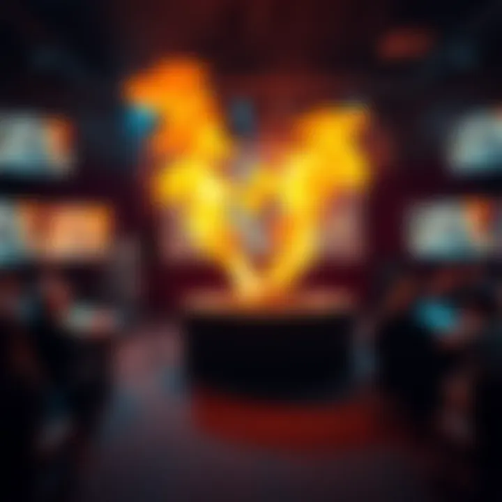 A scene showing money being burned during a live streaming event, surrounded by viewers watching on screens.