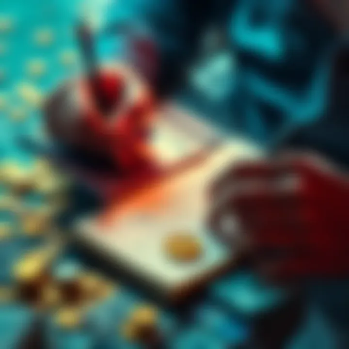 A person calculating expenses with a calculator and writing in a notebook, surrounded by coins and bills.