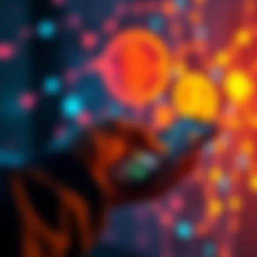 A person using a smartphone to send cryptocurrency, with visual elements of digital currencies in the background.