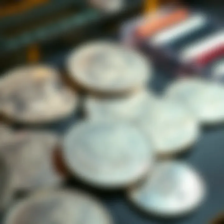 Several Morgan silver dollars graded MS68 displayed on a table, with some showing signs of wear and cleaning.