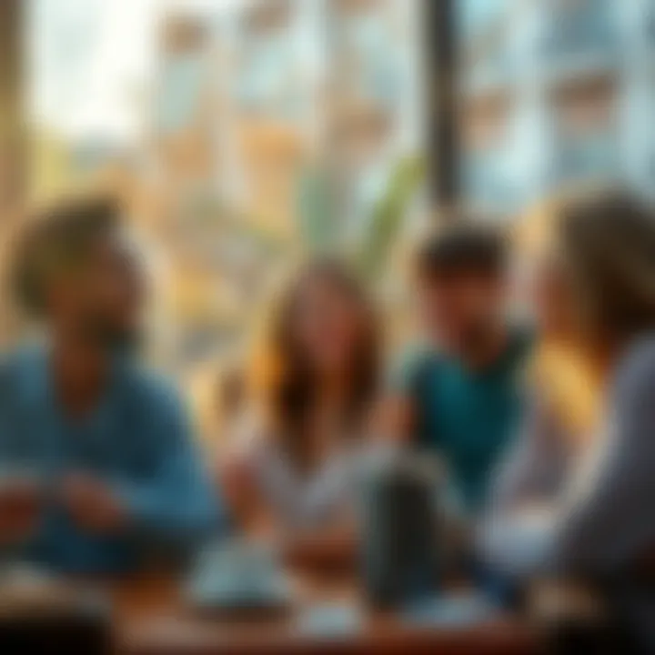 Morning Greetings with Friends A group of friends smiling and chatting over coffee in the morning light.