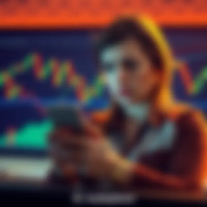 A worried mother looking at her phone while considering selling or holding her cryptocurrency investment, with charts and financial data in the background.