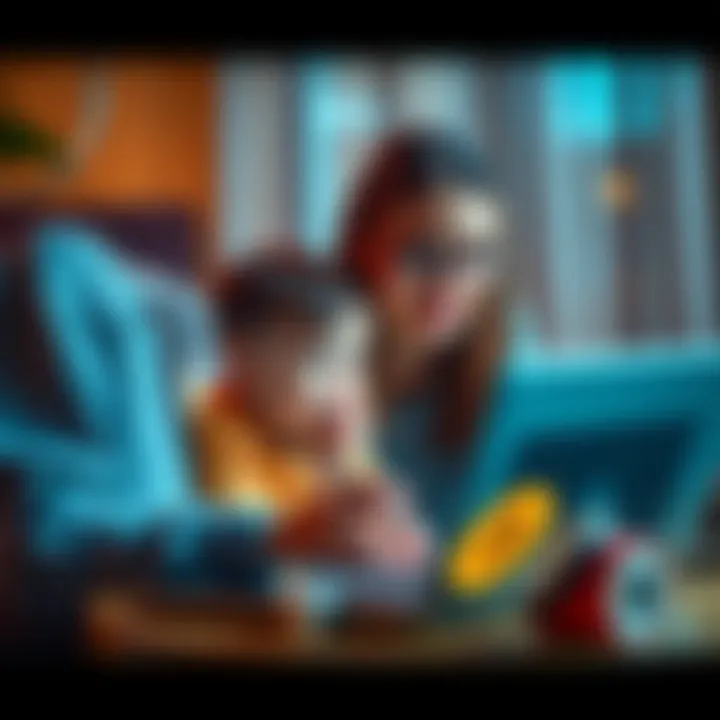 A mother and her child looking at a laptop screen with Bitcoin information, discussing investment strategies and outcomes.