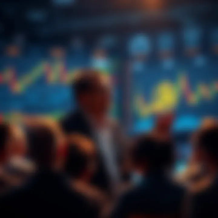 Motley Fool Contributor Discussing Cryptocurrency A financial analyst presenting arguments about Buttcoin's valuation, surrounded by market charts and data, engaging an audience of interested people