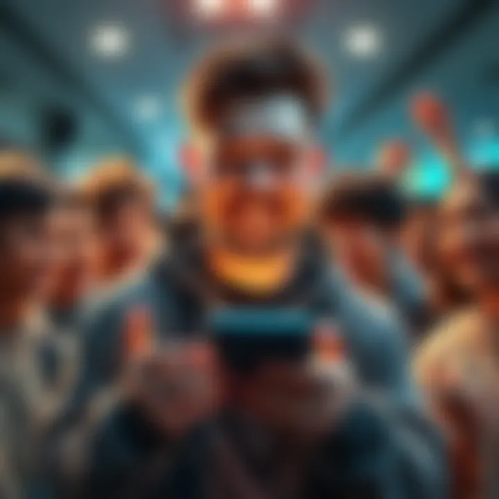 MrBeast smiling with a smartphone displaying a banking app, surrounded by teenagers excitedly exploring financial options.