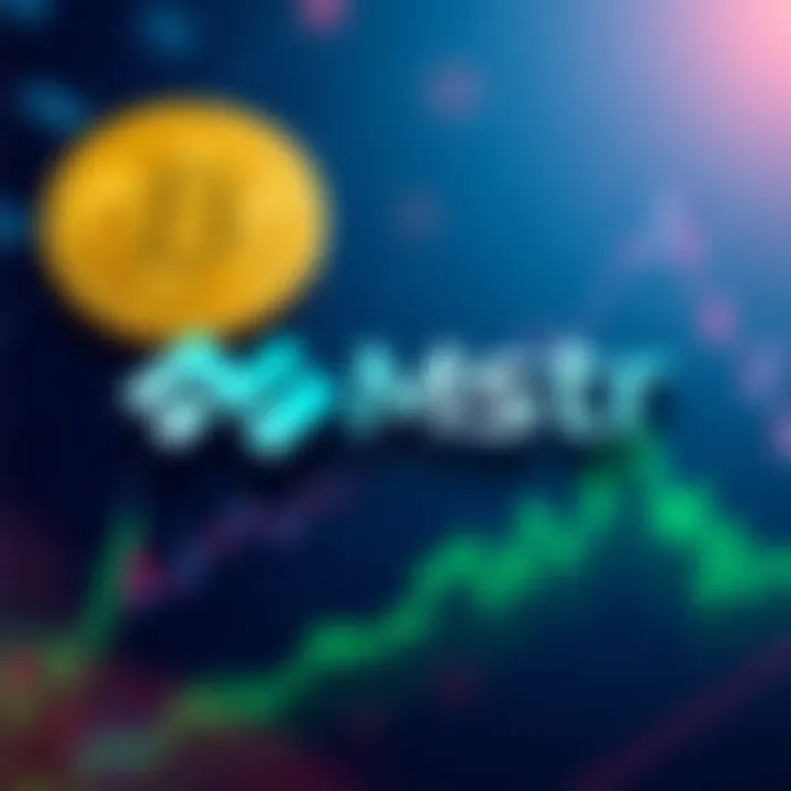 Mstr logo alongside a Bitcoin symbol on a chart showing upward movement, indicating Mstr's price surge despite Bitcoin's decline.