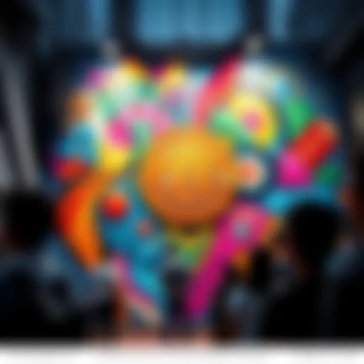 An artist's colorful mural featuring a prominent QR code for Bitcoin donations, surrounded by people admiring it.