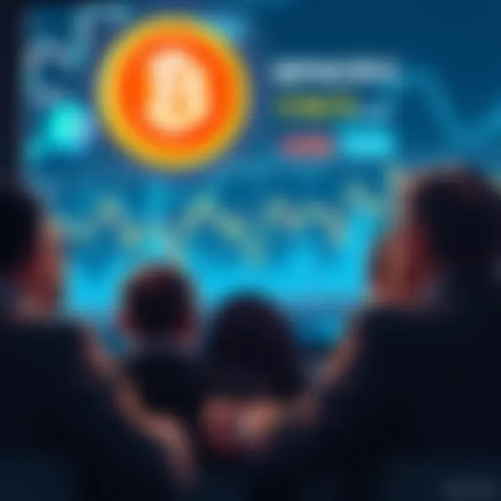 A group of naive investors looking at a chart showing Bitcoin trends while being distracted by a flashy IPO advertisement for SpaceX