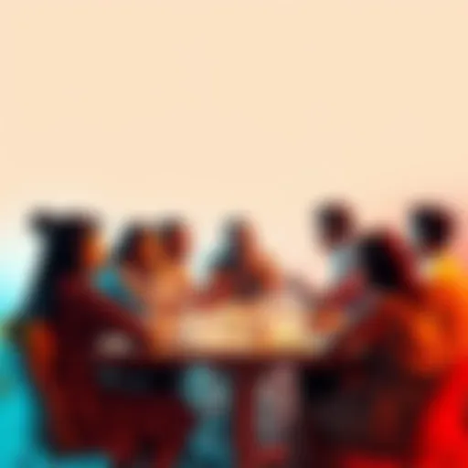 A diverse group of people discussing the meaning of their names around a table, expressing their personal stories and identities.