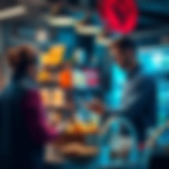Nano for Local Businesses A digital transaction scene featuring a small business owner interacting with a customer using Nano for payment, surrounded by crypto icons and shop items.