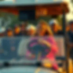 Natalie Harp smiling as she drives Donald Trump's golf cart, surrounded by excited onlookers