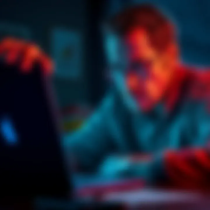 A distressed North Carolina man staring at a laptop showing a significant drop in cryptocurrency value after a scam.