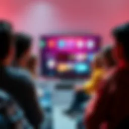 A group of people discussing features they want in the new Apple TV, with a TV screen showing various streaming options in the background.