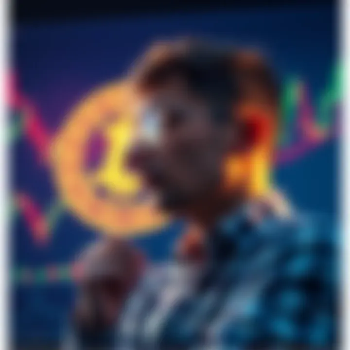 A thoughtful person looking at cryptocurrency charts with DOGE symbol in the background