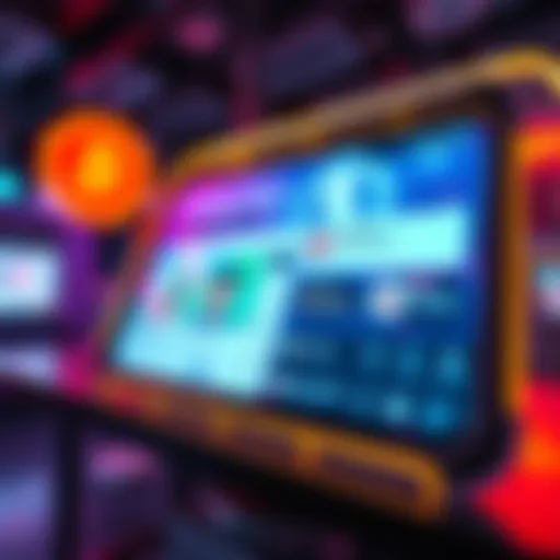 A digital display featuring the new Community Feed and Bid Tokens for the app update, with bright colors and engaging visuals