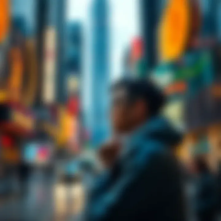 A new Bitcoin investor contemplating their experiences in a bustling city environment, with Bitcoin symbols and graphs in the background.