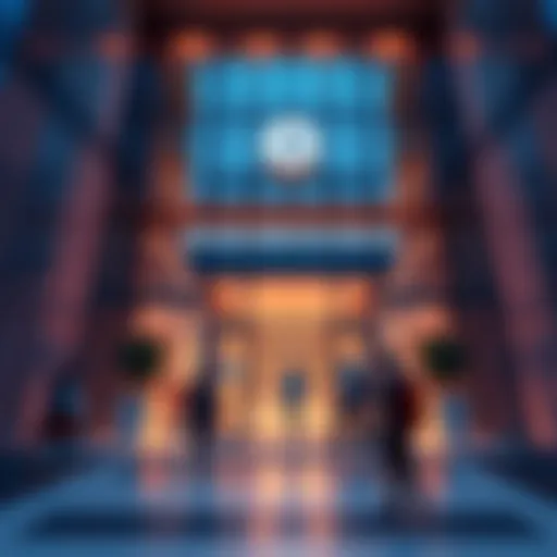 View of the new business school building on the Satoshi floor with students entering and exiting.