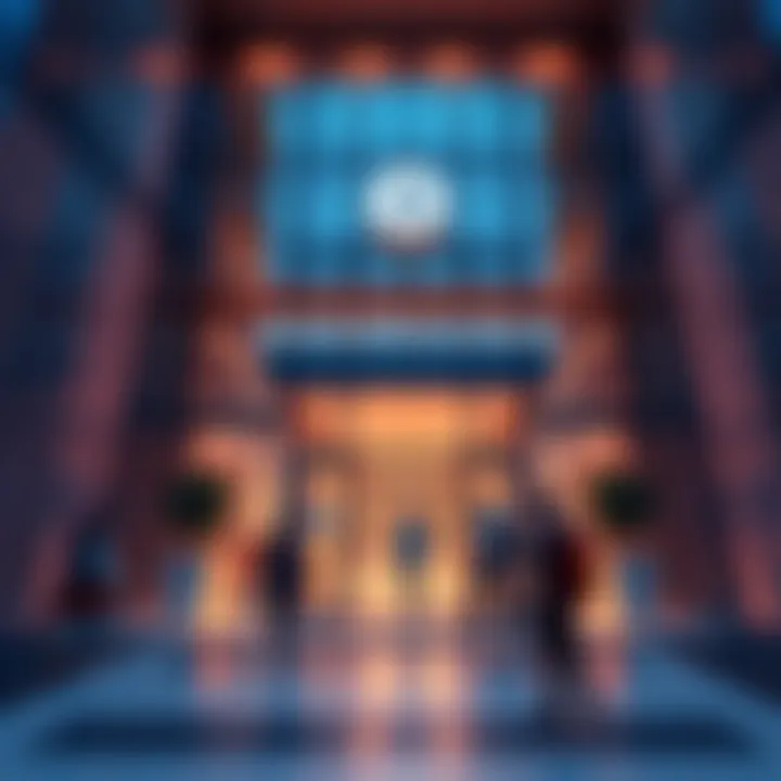 View of the new business school building on the Satoshi floor with students entering and exiting.