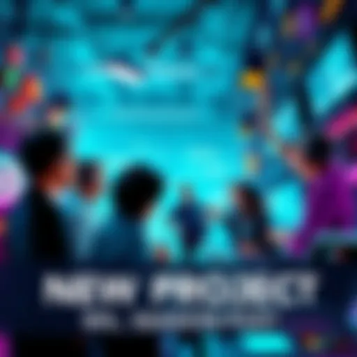 A vibrant tech scene with people discussing a new project eagerly