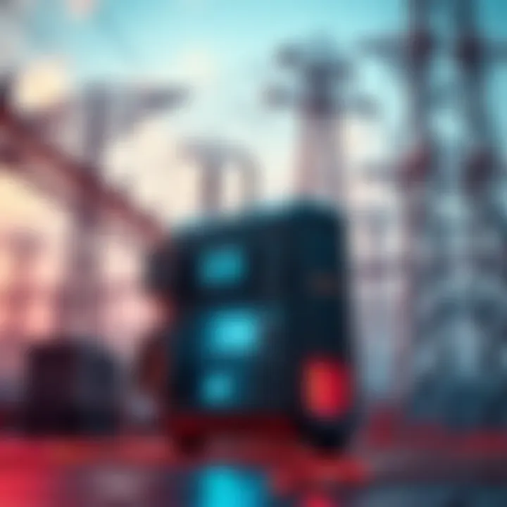 A futuristic power technology device generating energy, standing against an image of an old power grid system.