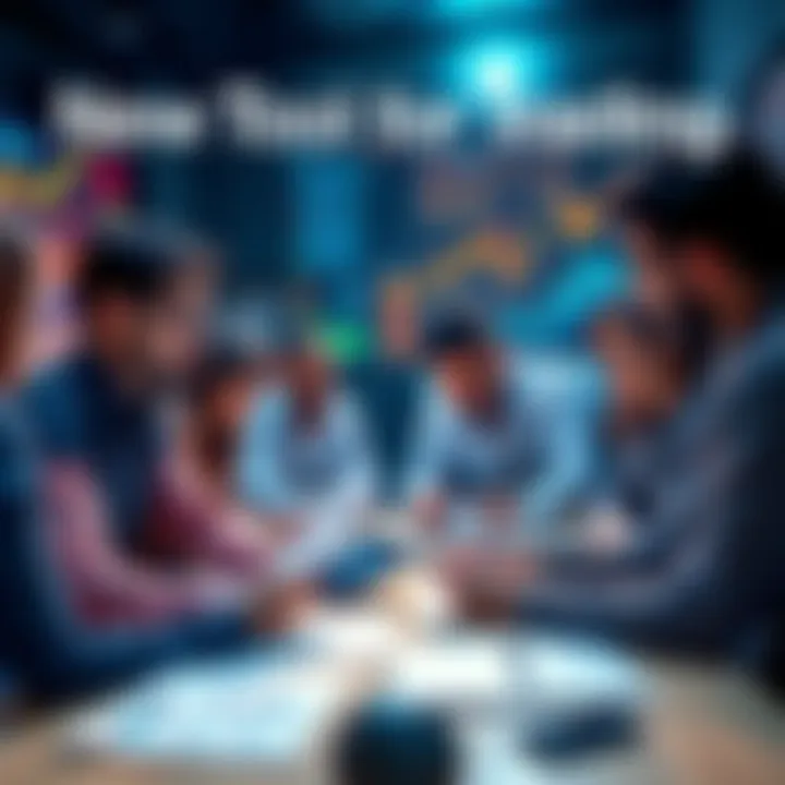 A group of people brainstorming ideas for innovative tools in trading, with paper and digital devices around them.