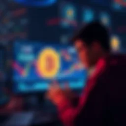 A beginner looking at a cryptocurrency chart with Bitcoin symbols on a screen, considering safe trading practices.