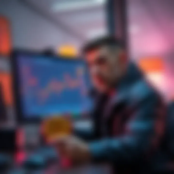 Newbie Investor Holding Buttcoin A stressed novice investor staring at a computer screen displaying a declining buttcoin chart, symbolizing financial loss and uncertainty.
