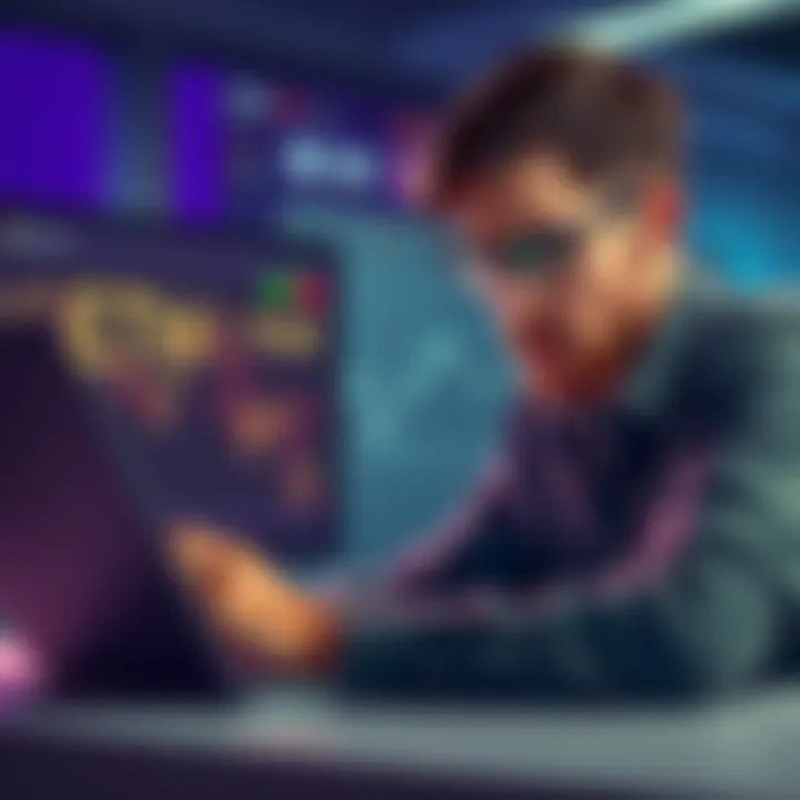 A beginner in cryptocurrency looks at a graph showing ETH price changes on a laptop, with a thoughtful expression.