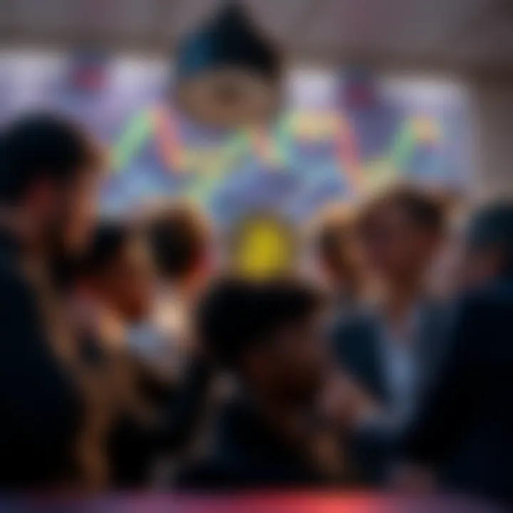 A group of newcomers exploring Bitcoin concepts, discussing wallets and mining with charts in the background.