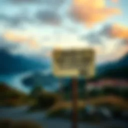 A scenic view of New Zealand with a sign suggesting tax benefits and Bitcoin liquidation, symbolizing financial strategy for Australians.