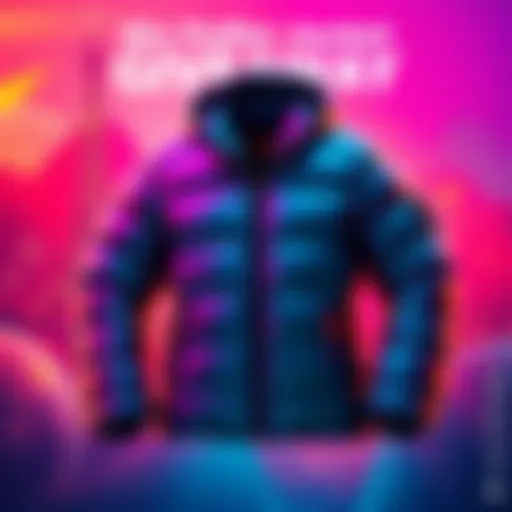 A stylish puffer jacket displayed with colorful backgrounds representing different cultures, inviting people to join the giveaway by commenting.