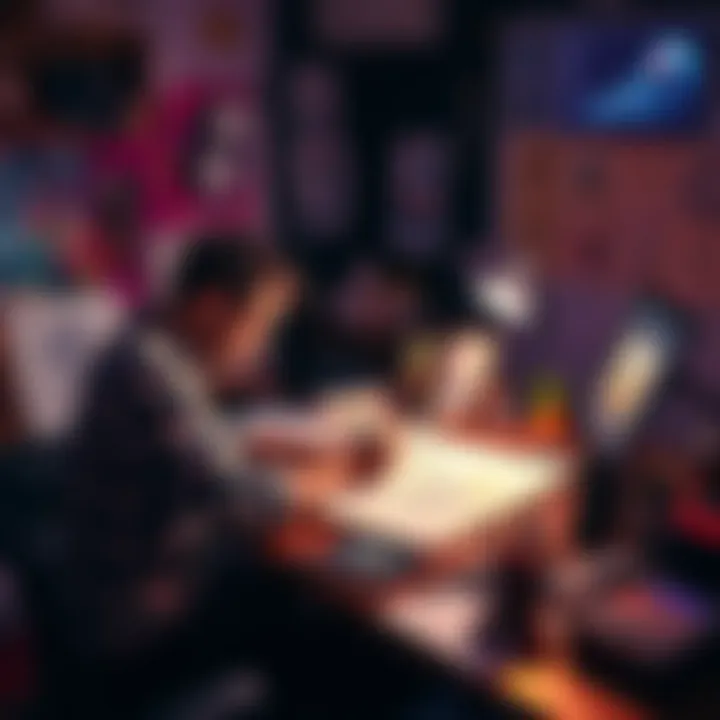 An artist working on digital art while surrounded by sketches and software tools representing the blend of creativity and technology.