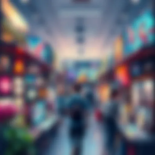 A vibrant NFT marketplace displaying various digital artworks, with users engaging and browsing through the listings.