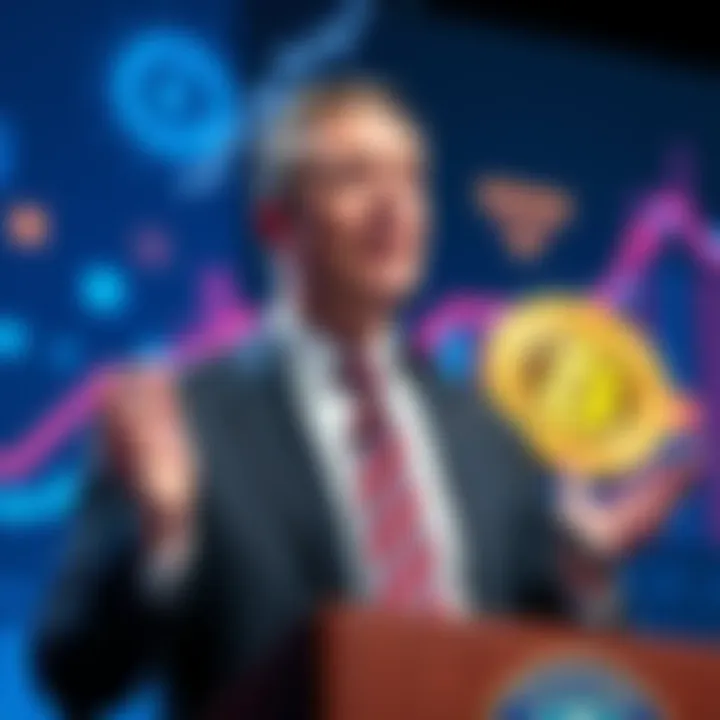 Nigel Farage speaking at a podium with cryptocurrency graphics in the background