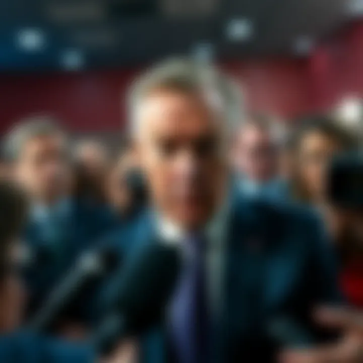 Nigel Farage announcing his resignation with a serious expression, surrounded by reporters in a press conference setting.