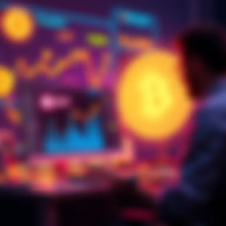 A person using a computer to create an ERC-20 token on a no-code platform, with crypto icons and graphs in the background.