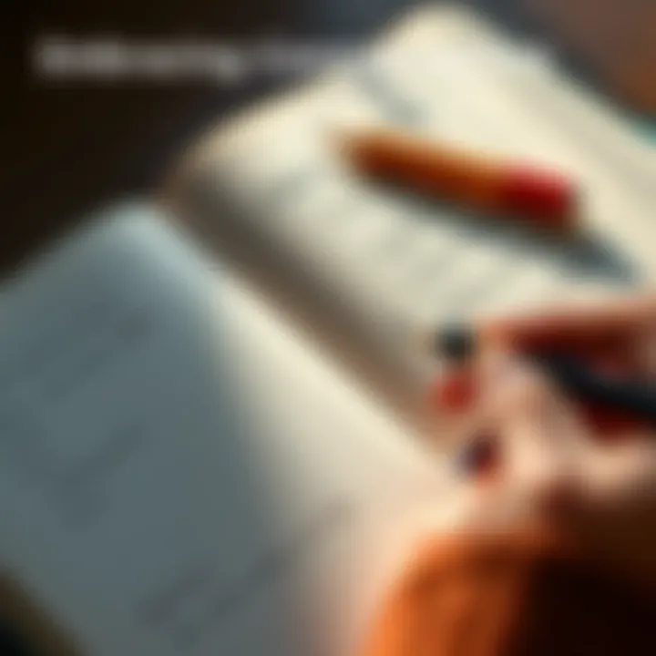 A hand holding a pencil over an open notebook filled with handwritten notes and crossed-out words, showing imperfections in writing
