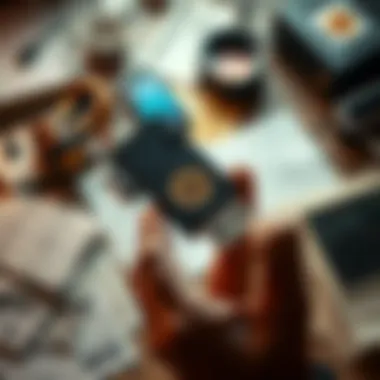 A person holding an old USB drive with a curious expression, surrounded by scattered papers and tech items, hinting at possible Bitcoin wallet information.