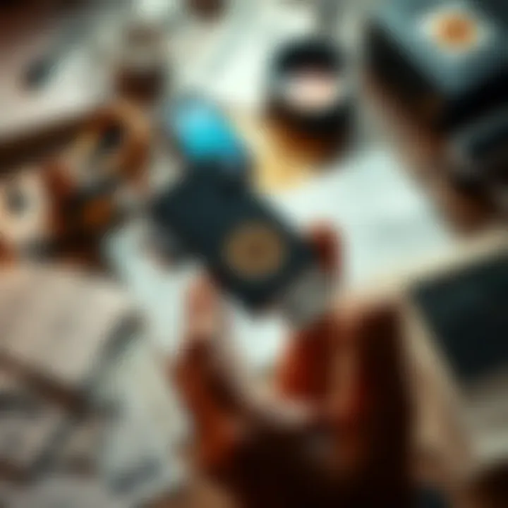 A person holding an old USB drive with a curious expression, surrounded by scattered papers and tech items, hinting at possible Bitcoin wallet information.