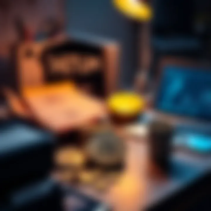 A cluttered desk with old Bitcoin files, a laptop, and a coffee cup, showing signs of digital exploration.
