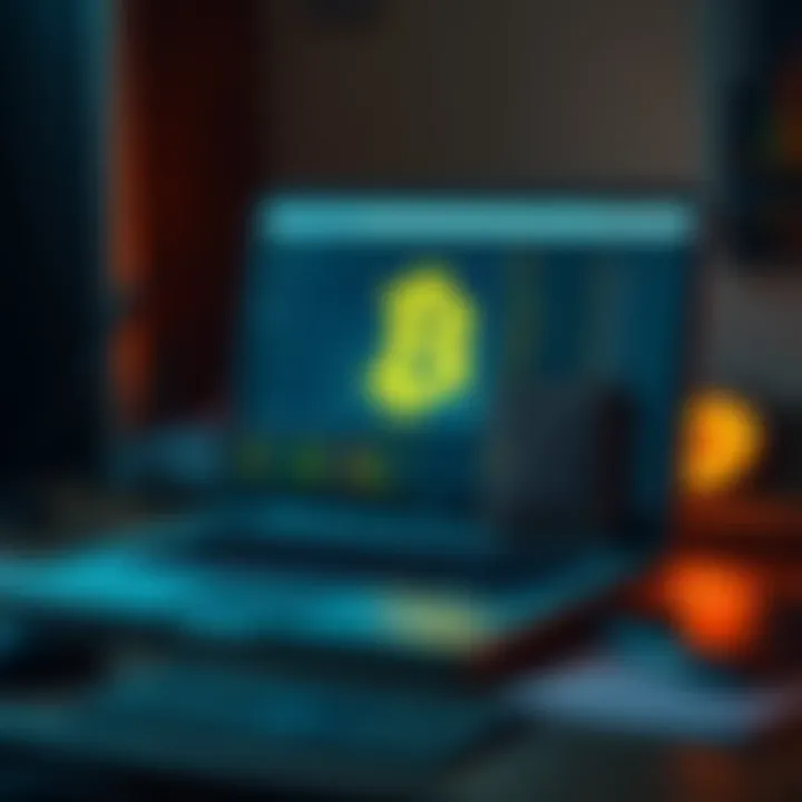 An old laptop on a desk with a Bitcoin logo visible on the screen, symbolizing wallet recovery efforts from 2013.