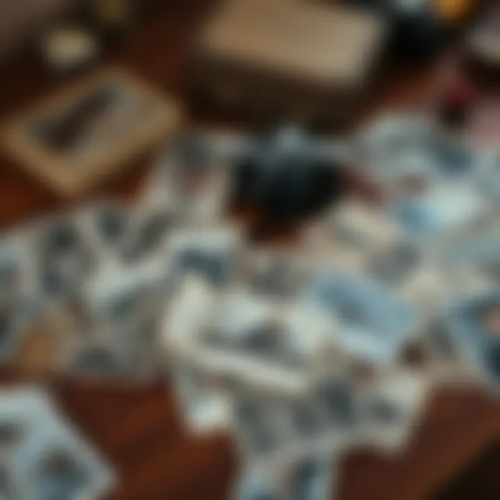 A collection of old photographs laid out on a wooden table, evoking memories and emotions of the past.