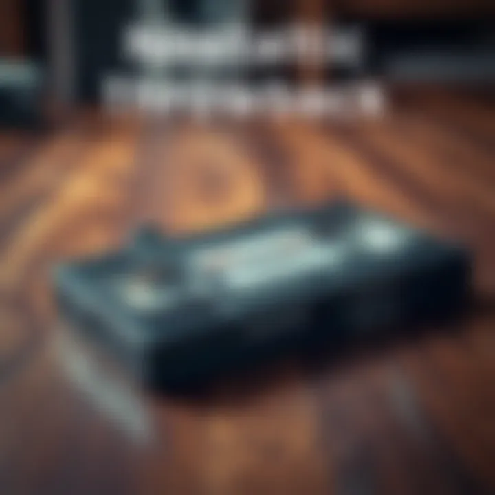 Old Video Cassette A worn-out video cassette tape resting on a wooden table, symbolizing nostalgia and memories from the past.