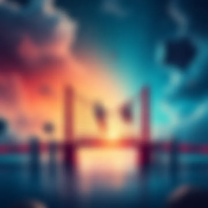 Illustration of blockchain technology representing low fees and fast transactions with a broken bridge symbolizing past hacks.